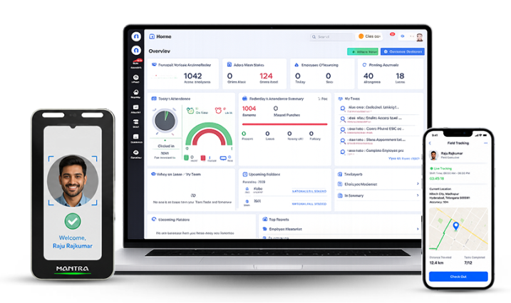 Advanced Attendance Management System dashboard, mobile app and biometric device